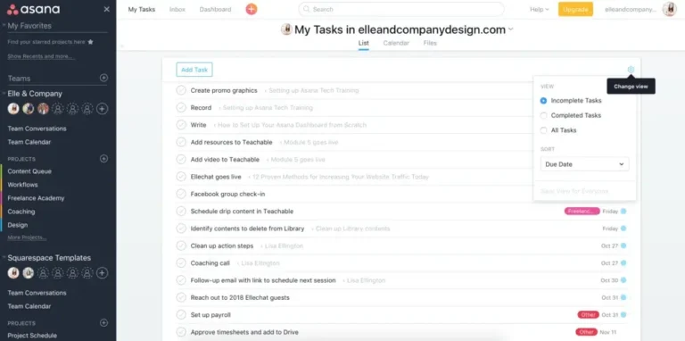 Asana My Tasks list view showing project tasks organized by due date with team collaboration features