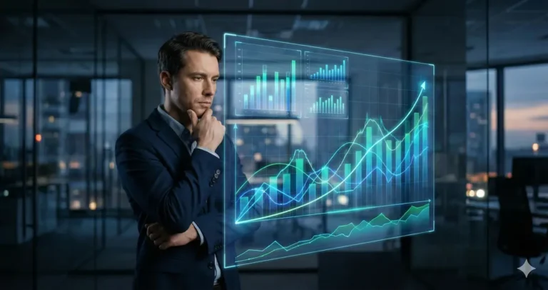 Executive analyzing company performance using the best AI data analytics tools for small business in 2026.