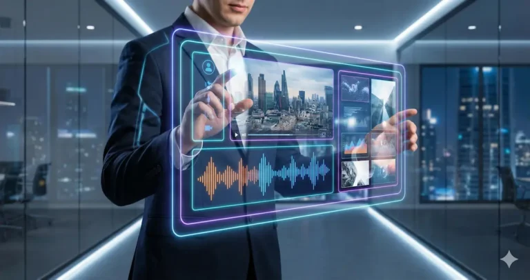 Professional marketer using the best multimodal AI tools for marketing to create video and audio content