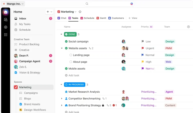 ClickUp Marketing space task list showing done and in-progress tasks with assignees, priority levels, and AI-powered features