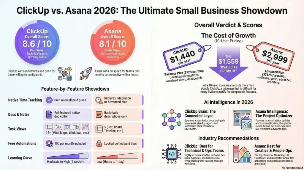 ClickUp vs Asana 2026 comparison: scores, pricing for 10 users,
feature breakdown, and industry recommendations for small business
