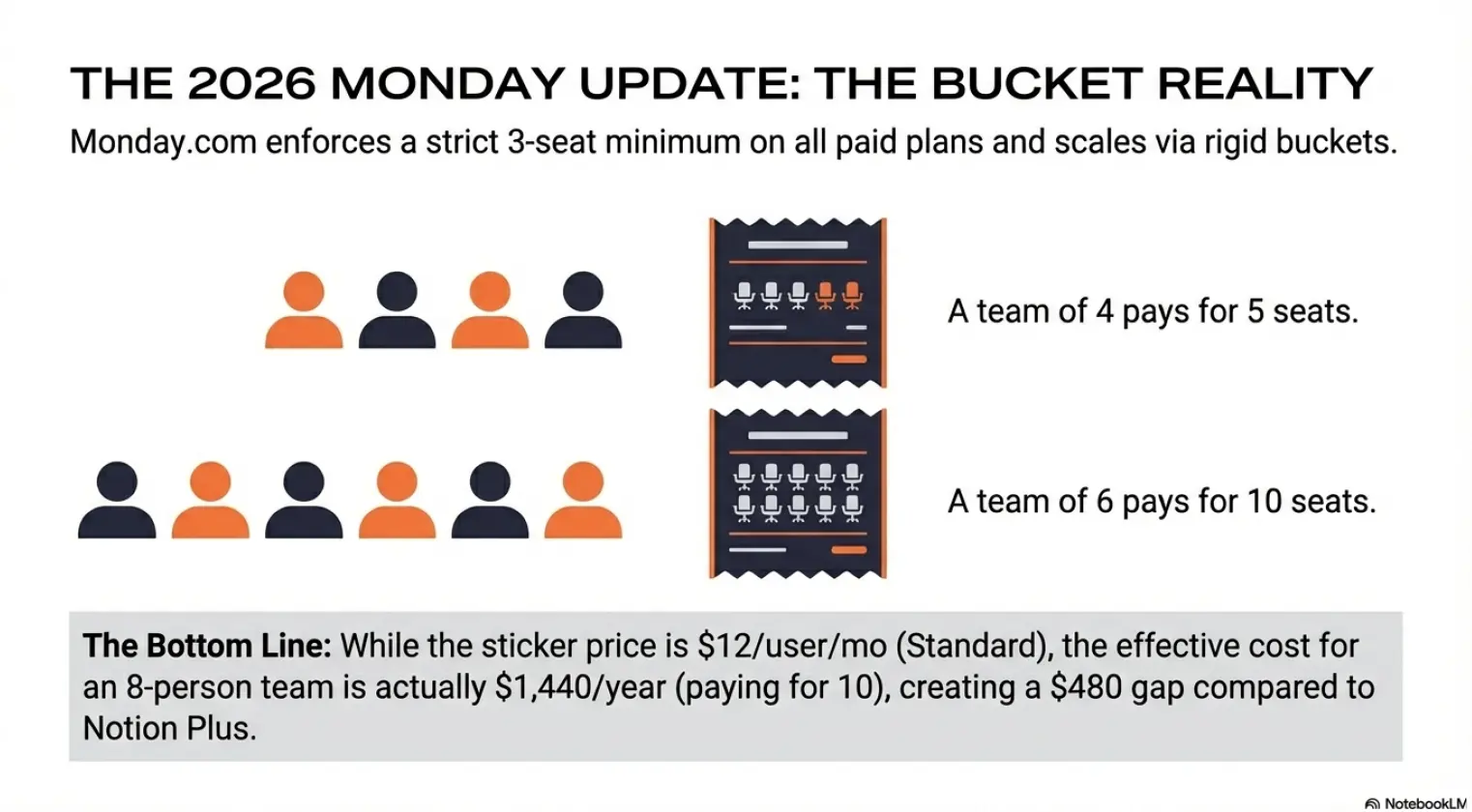 Chart explaining Monday.com's 'bucket' pricing model, illustrating the cost gap for teams that don't perfectly match fixed seat tiers like 5, 10, or 20 users.