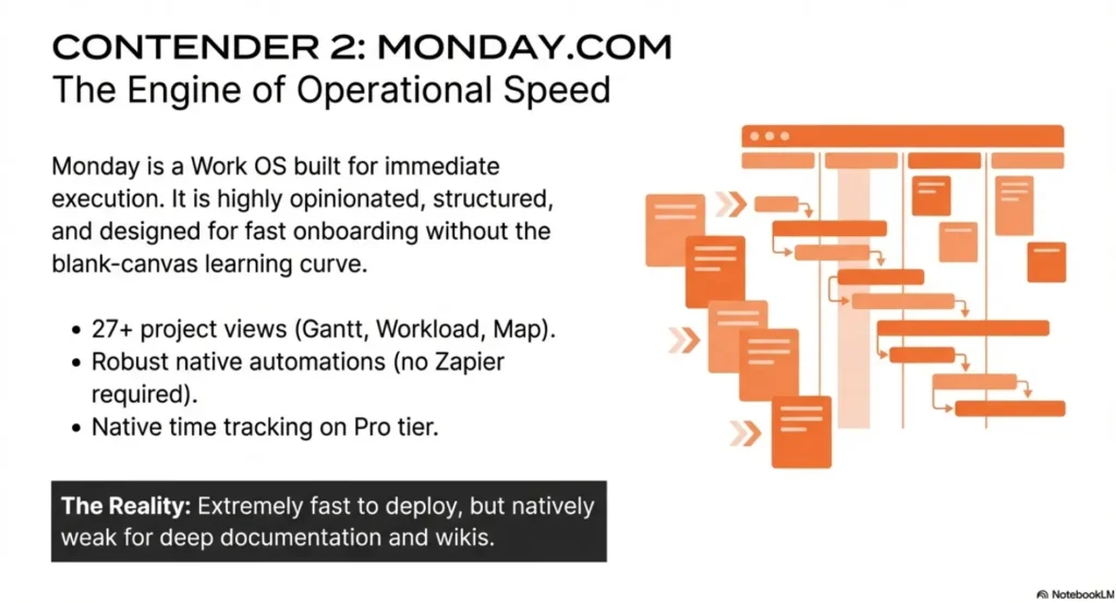 Visual representation of Monday.com's Work OS, focusing on visual boards, automation, and structured task management for operations teams.