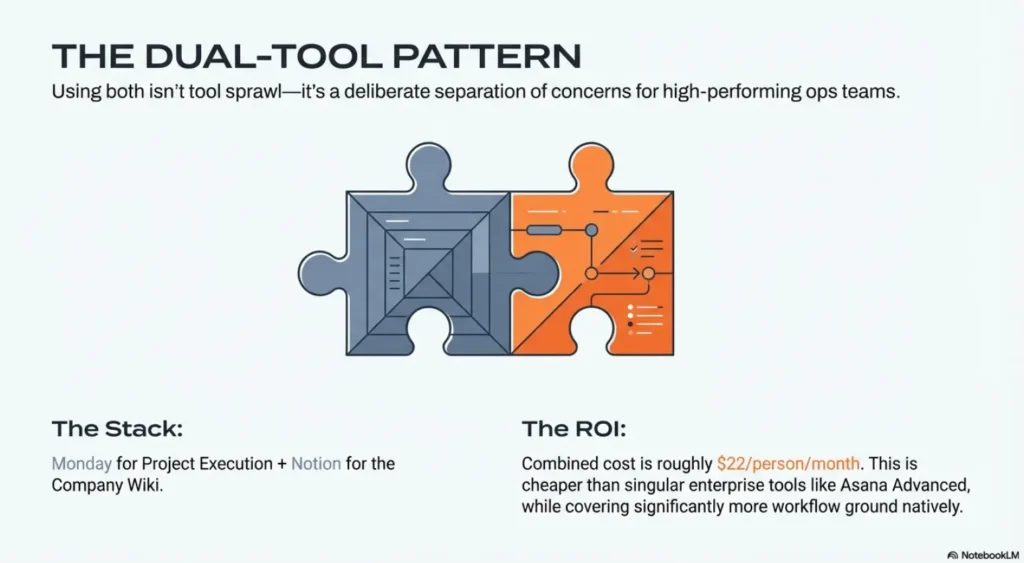 Strategic diagram illustrating the 'Dual-Tool Pattern', showing Monday.com handling operational execution while Notion serves as the centralized knowledge base, including ROI comparison.