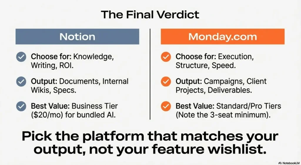 Final summary table comparing Notion and Monday.com across key criteria: output type, best value tiers, and core strengths for 2026.