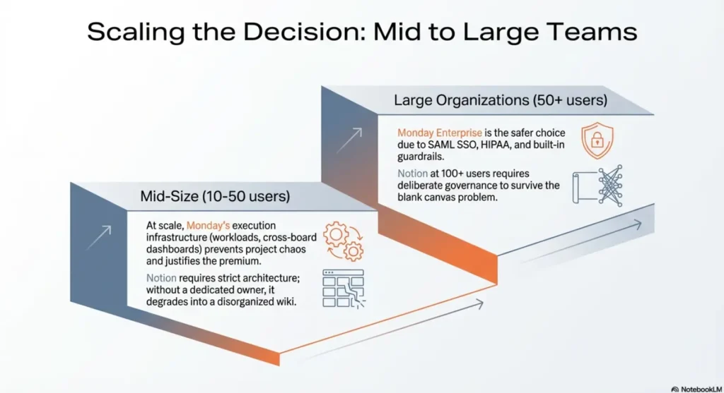 Infographic for larger organizations (10 to 50+ users), highlighting Monday's strengths in workload management and enterprise security compared to Notion's need for deliberate governance at scale.