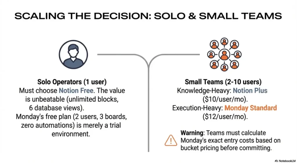 Comparison chart for solo and small teams (up to 10 users), showing Notion's free tier benefits for individuals and the choice between Notion Plus and Monday Standard for small teams based on workflow type.