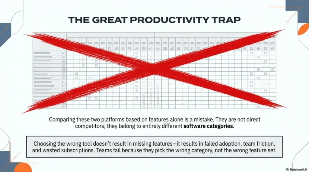Diagram explaining the risks of choosing the wrong tool, focusing on team friction, failed adoption, and wasted subscriptions.