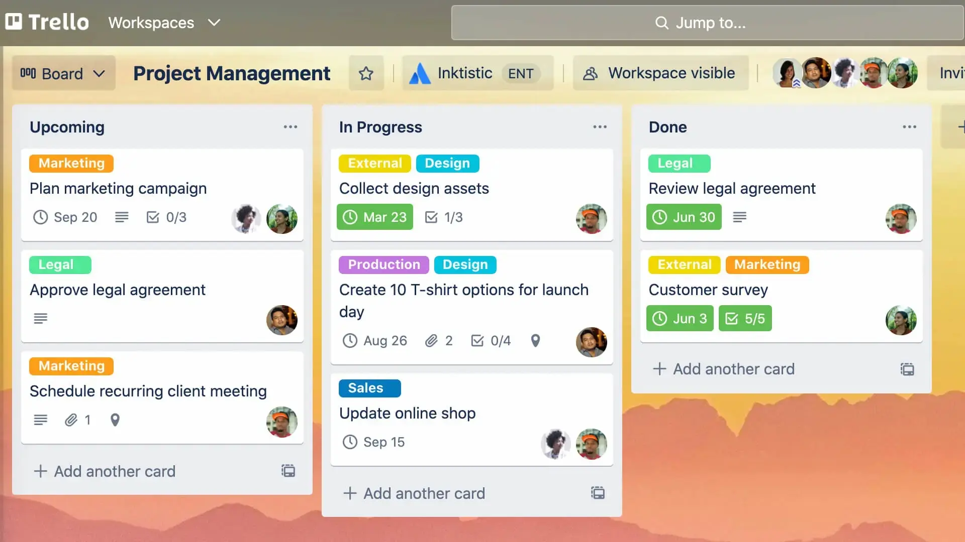 Trello kanban board showing project management tasks organized in Upcoming, In Progress, and Done columns with color-coded labels. Trello vs Monday