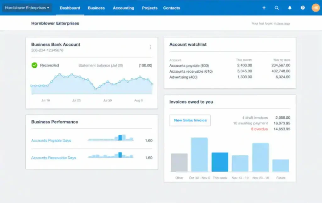 Xero accounting dashboard showing bank balances, invoices owed, bills to pay and cash flow summary for small business