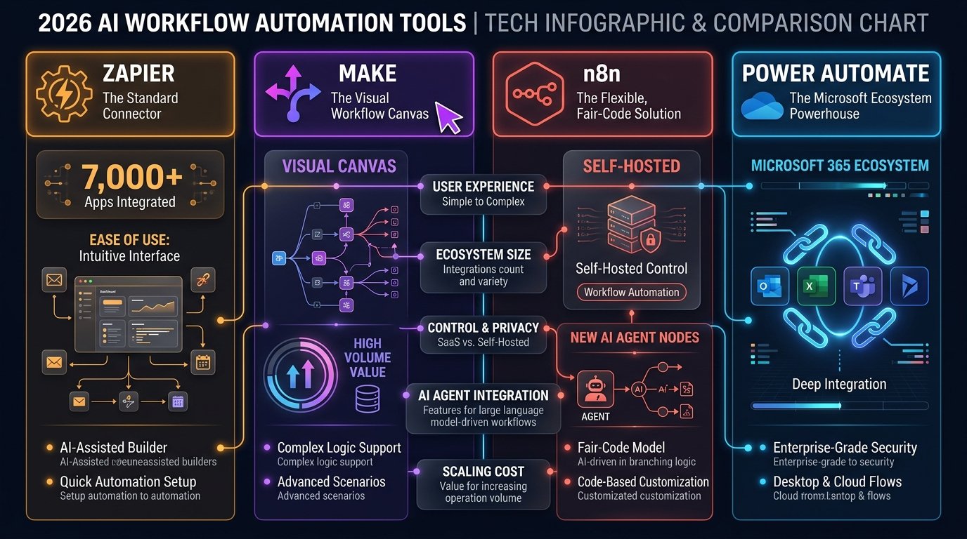 2026 AI Workflow Automation Tools Tech Infographic and Comparison Chart comparing Zapier, Make, n8n, and Power Automate