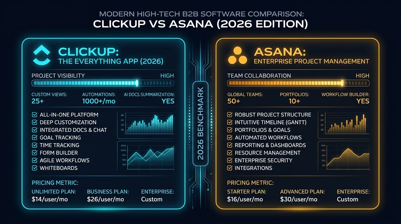 ClickUp vs Asana 2026 Edition: High-Tech Benchmark Infographic showing Feature Showdown, Pricing Comparison, and Small Business Recommendations