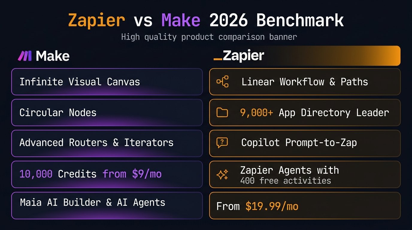 Zapier vs Make 2026 Comparison Infographic and Architecture Benchmark
